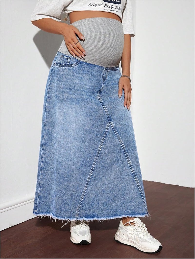 MakeMeChic Women's Maternity Jean Denim Maxi Skirt Pregnancy High Waisted A Line Adjustable Waist Long Skirts - Image 3